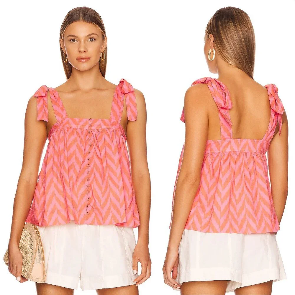 ULLA JOHNSON Iris Tank Size 8 Tie Shoulder Bougainvillea Chevron Poplin NEW $245 - Picture 15 of 16